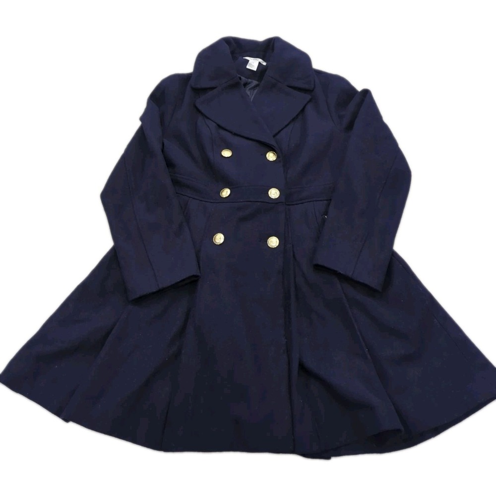 Masseys Wool Blend Pleated Pea Coat Dark Blue L Flare Gold Button Old Money Navy
